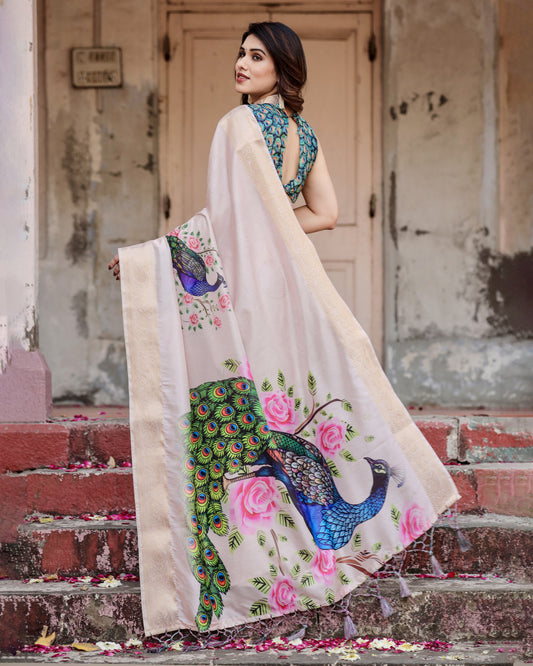 Pastel Pink Peacock Kalamkari Printed Tussar Silk Saree With Zari Motif Border