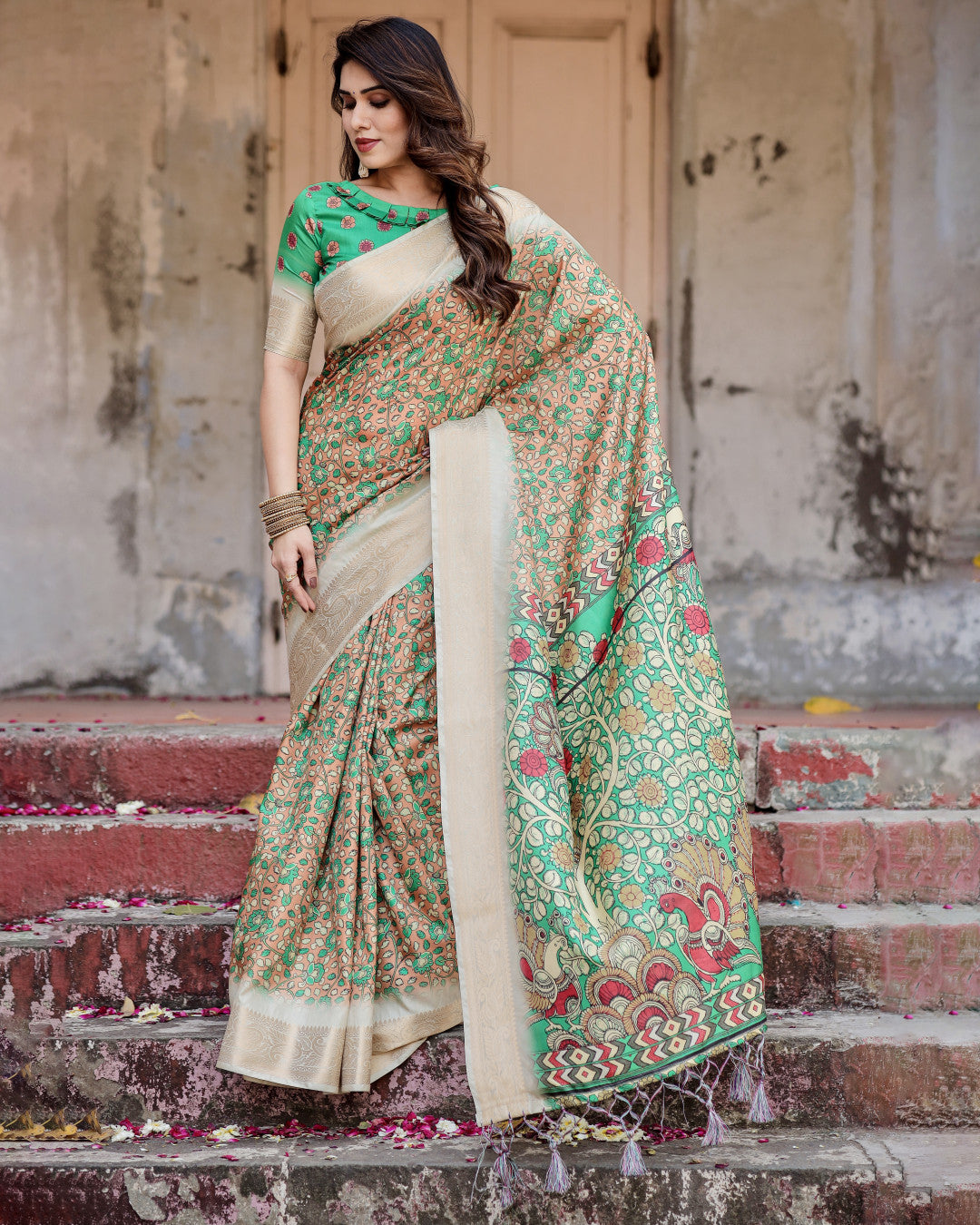 Multi Kalamkari Digital Printed Dola Silk Saree With Gold Zari Border