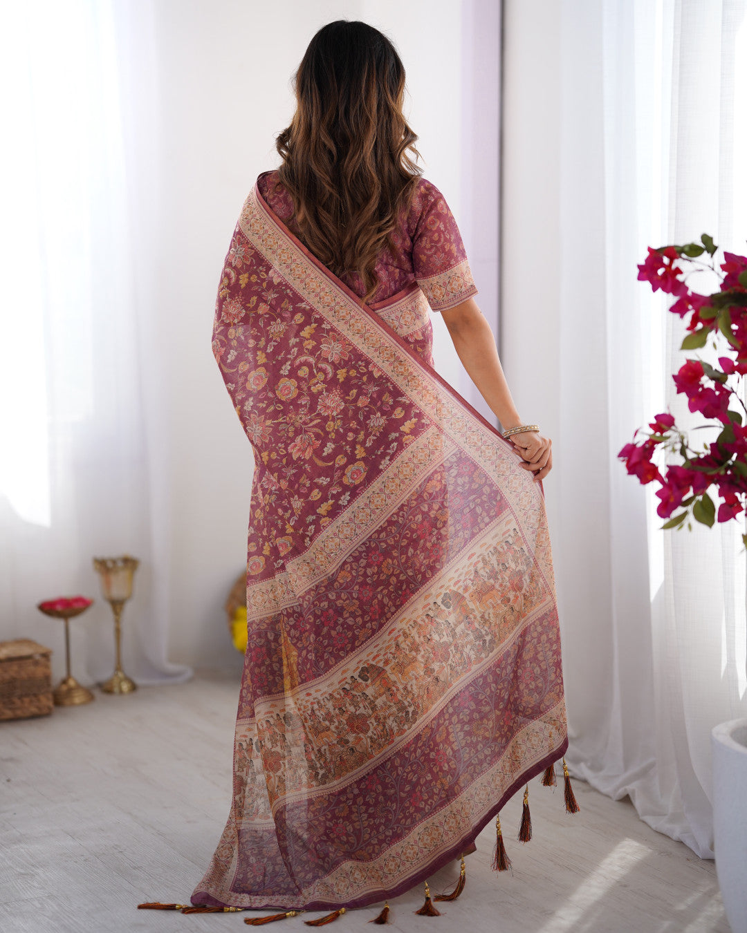 Multi Color Kalamkari Digital Printed Linen Cotton Saree