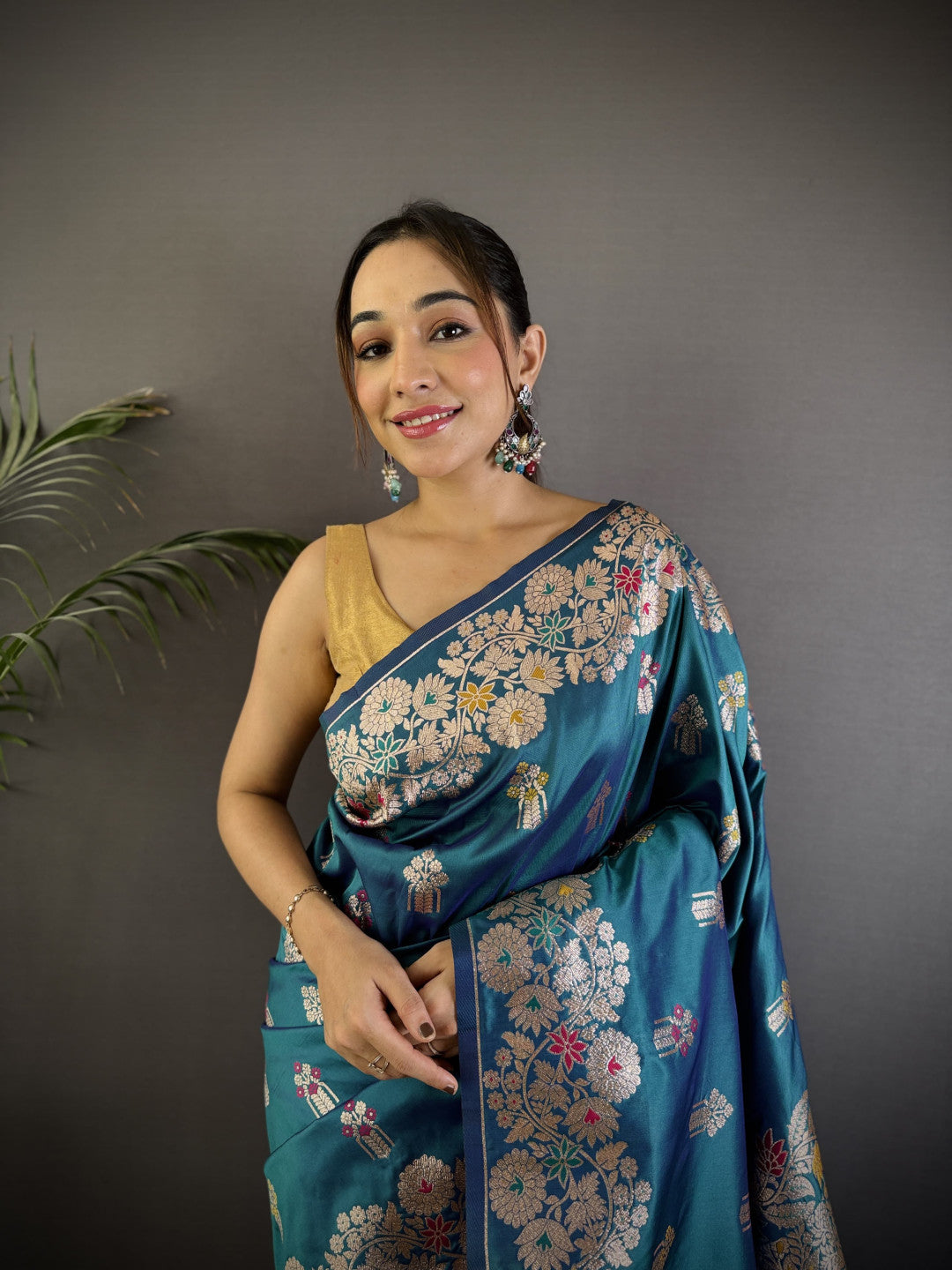 Firoji Premium Banarasi Silk Saree With Meenakari Zari Weaving Work