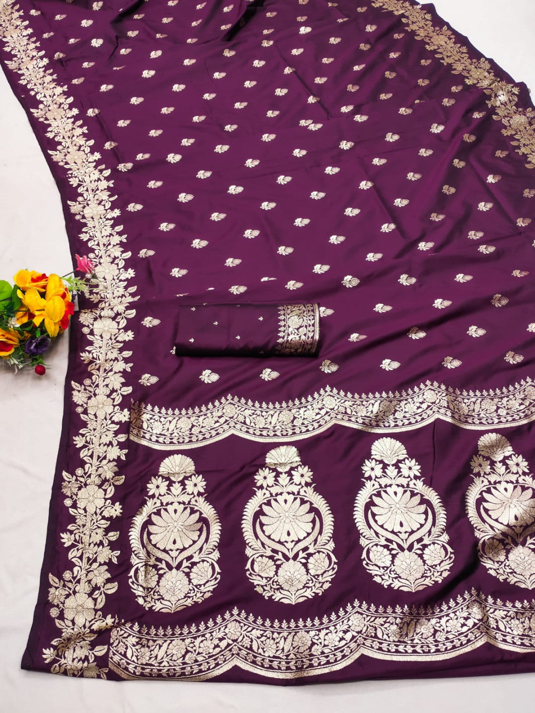 Wine Soft Banarasi Silk Saree With Zari Weaving Work