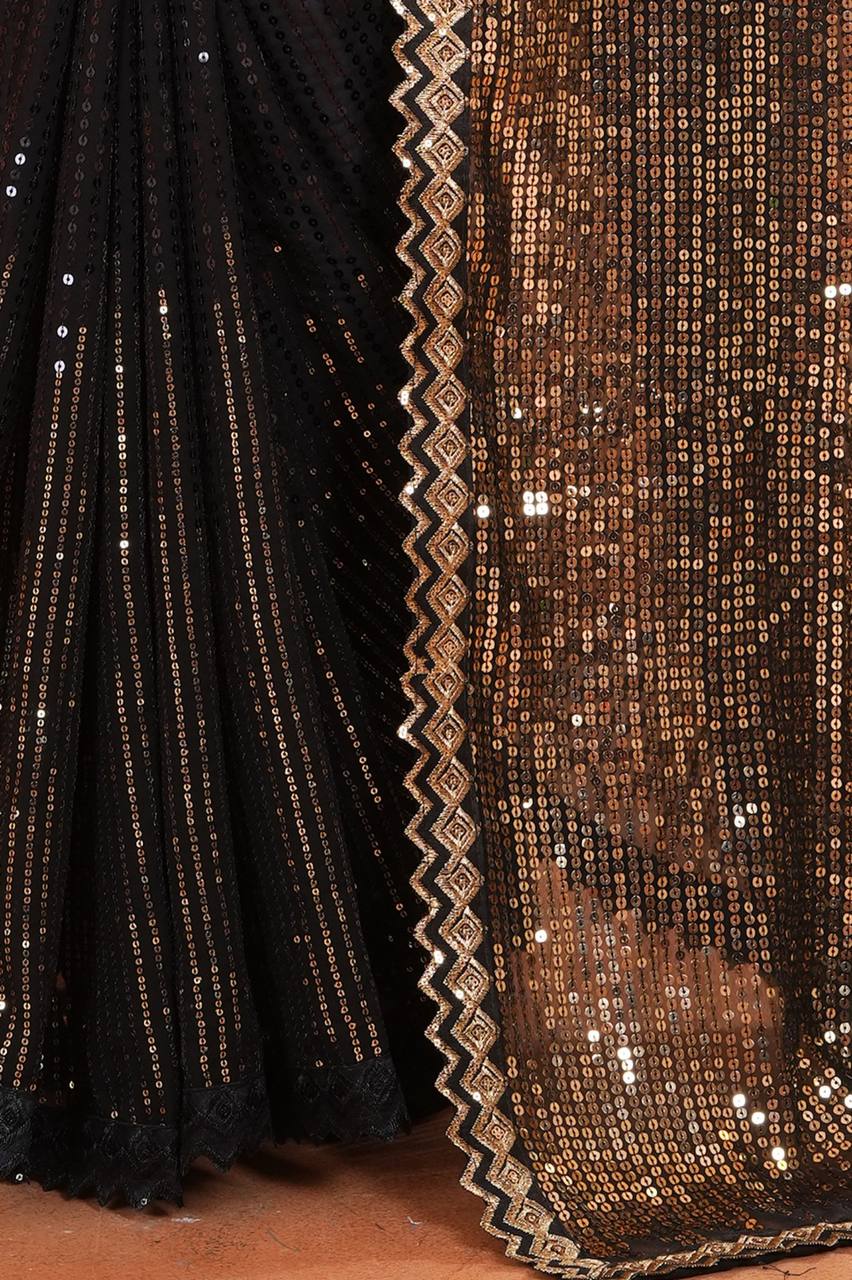 Black Fancy Georgette Saree With All Over Sequence Work And Lace Border