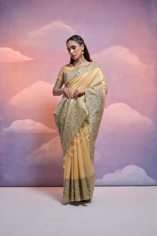 Beige Color Handloom Raw Silk Saree With Contrast Weaving Work