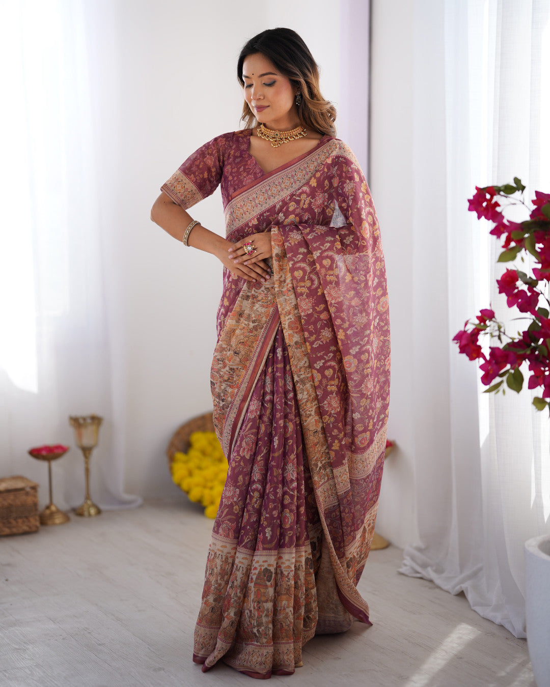 Multi Color Kalamkari Digital Printed Linen Cotton Saree