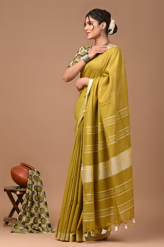 Mustrad Yellow Colour Pure Plain Linen Cotton Saree With Ajrakh Blockprinted Cotton Blouse