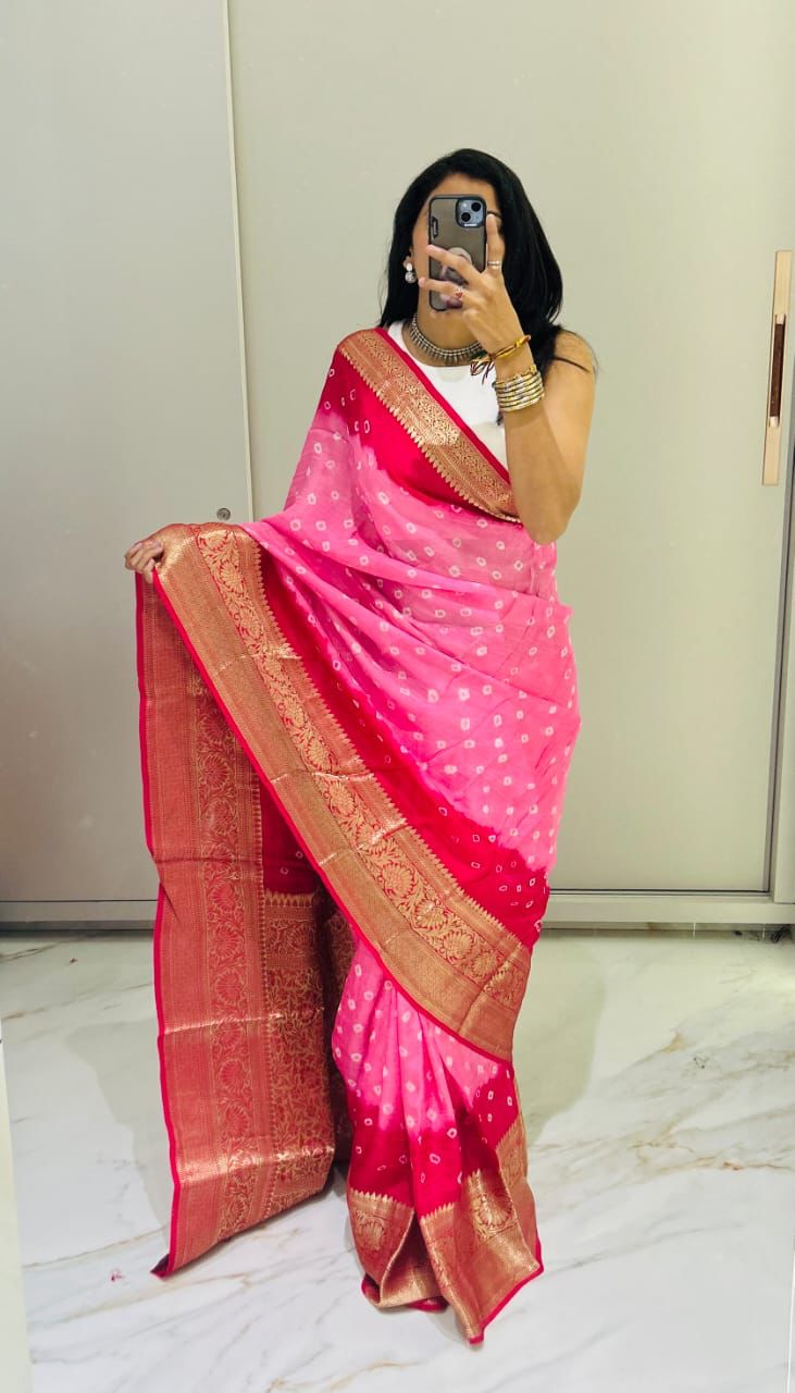 Hand Bandhej Bandhani Saree With Zari Border