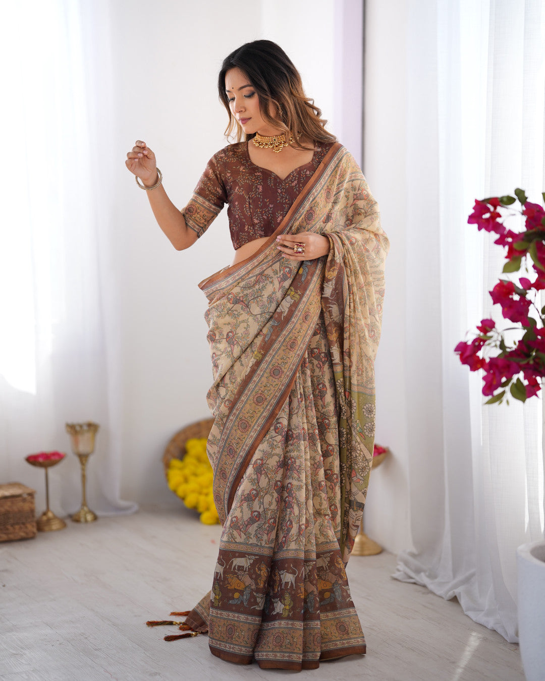 Multi Color Kalamkari Digital Printed Linen Cotton Saree