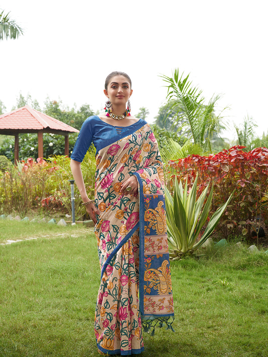 Blue Kalamkari Printed Designer Tussar Silk Saree