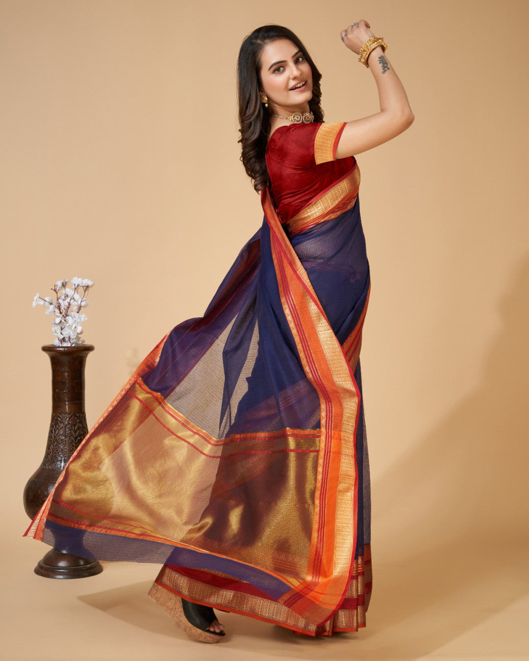 Navy Blue Color Kota Doriya Saree With Zari Weaving Work