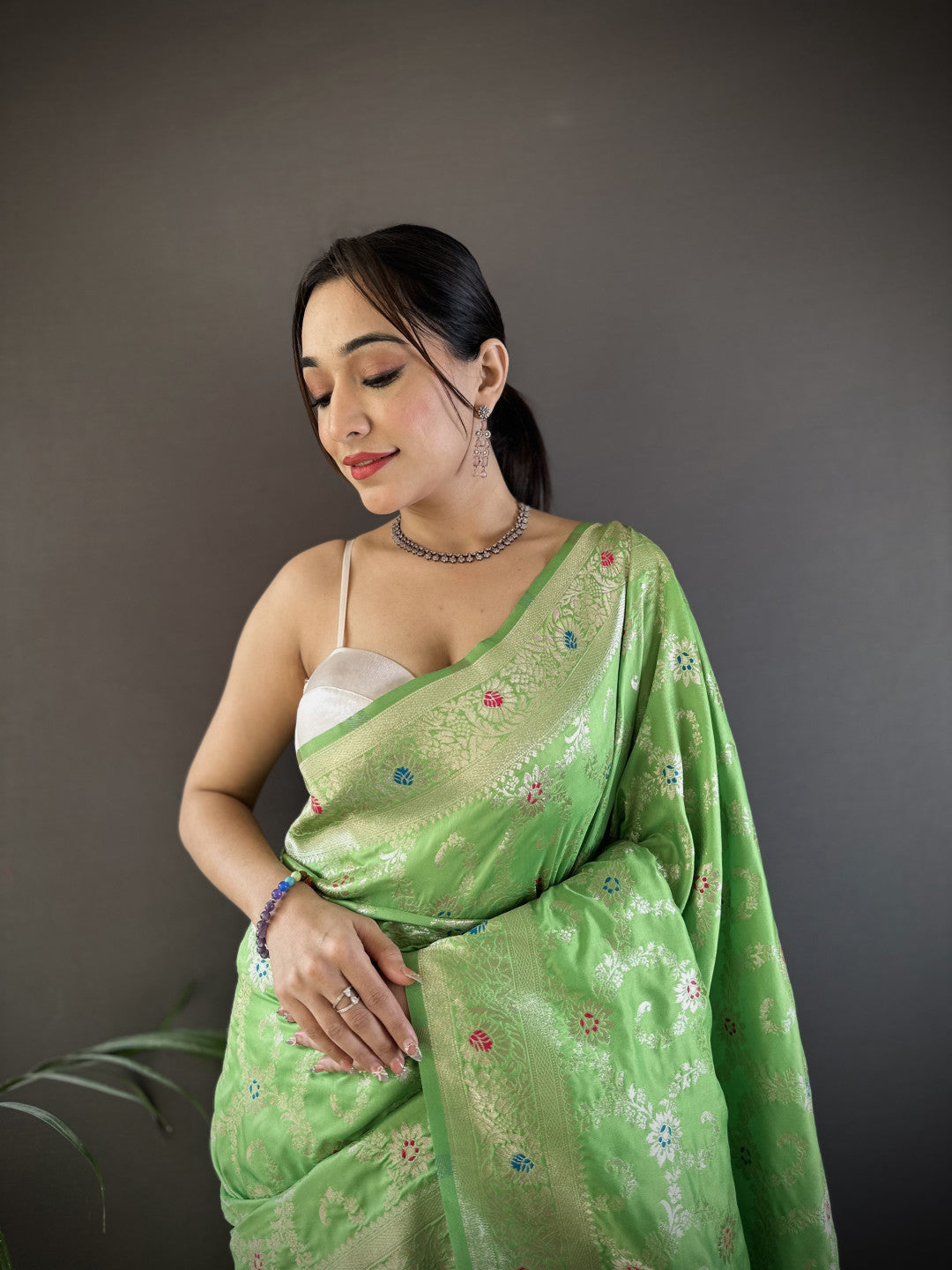Parrot Green Soft Katan Banarasi Silk Saree With Meenakari Zari Weaving Work