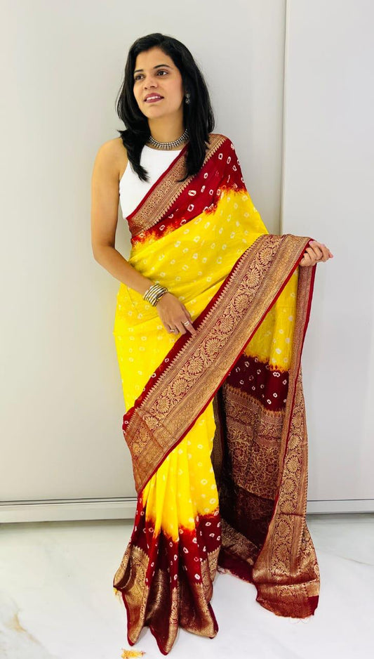 Hand Bandhej Bandhani Saree With Zari Border