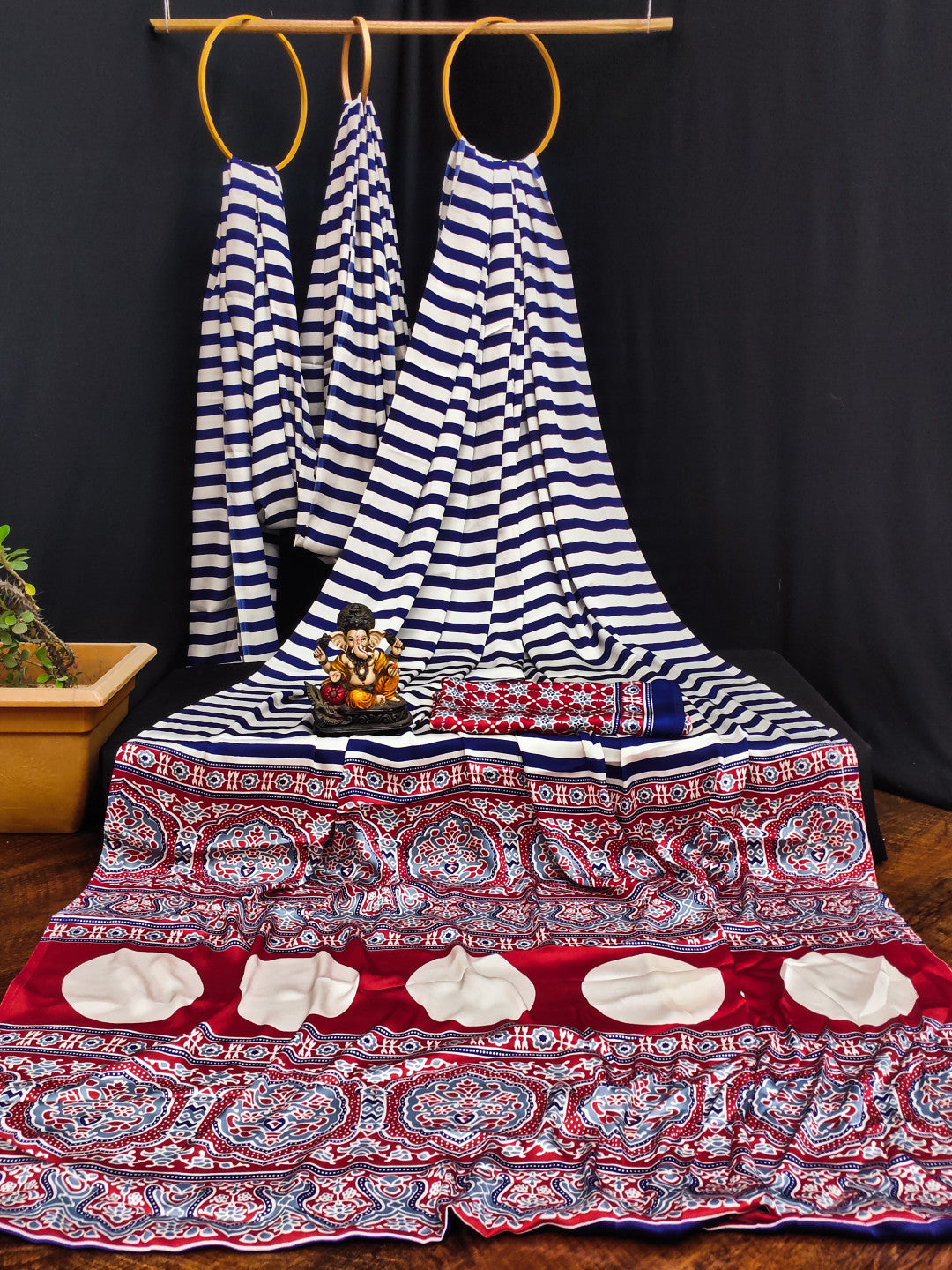 Navy Blue Fancy Digital Printed Crepe Silk Saree With Ajrakh Printed Pallu