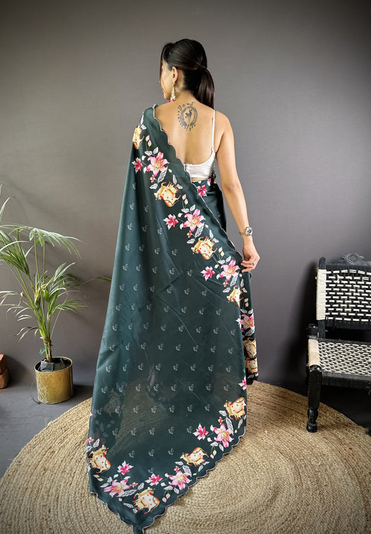 Green Gadhwal Silk Saree With Pichwai Print And Embroidery Cut Work