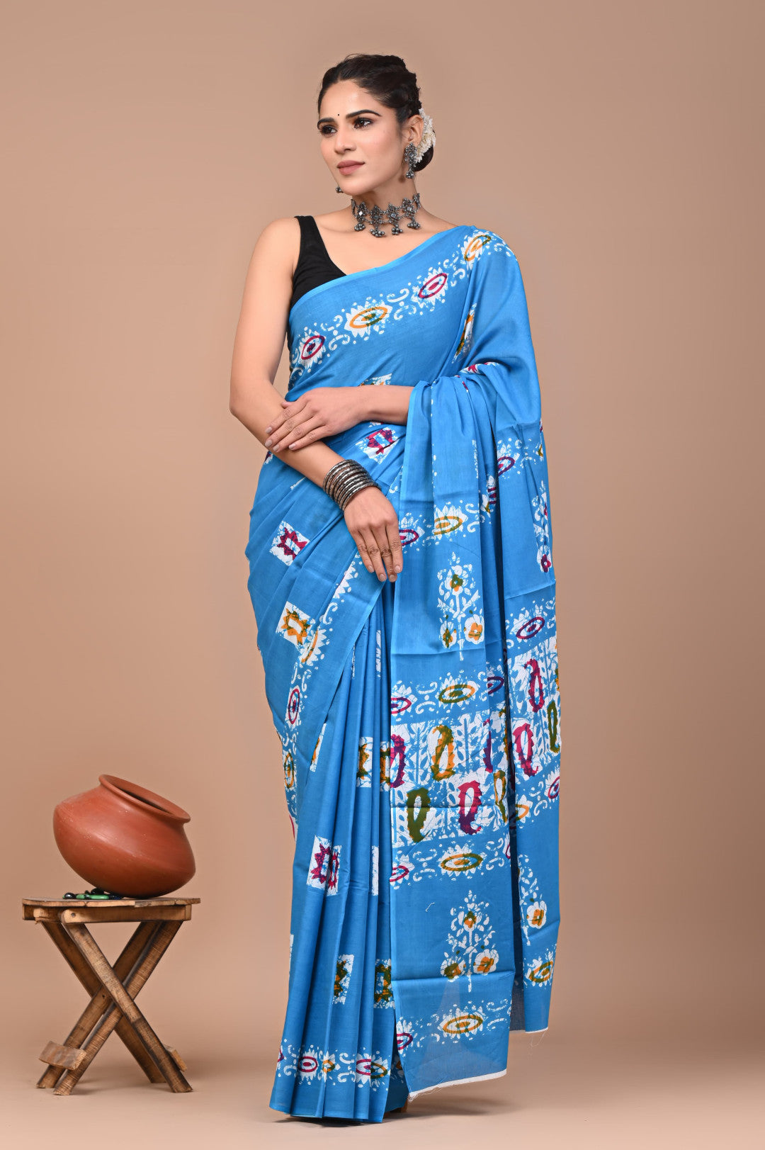 Firoji Pure Mulmul Cotton Saree With Bagru Hand Block Printed Work