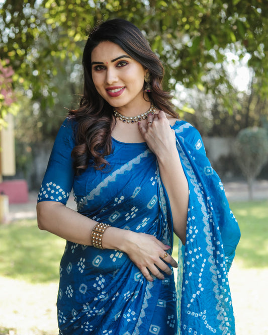 Firoji Color Bandhej Silk Saree With Printed Work