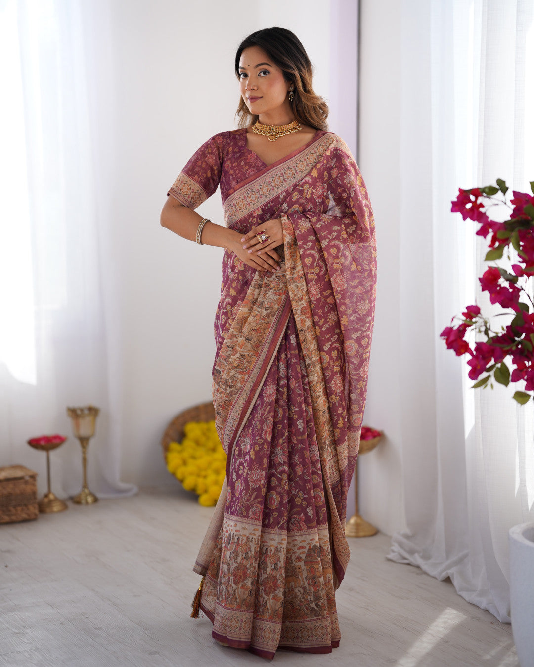 Multi Color Kalamkari Digital Printed Linen Cotton Saree