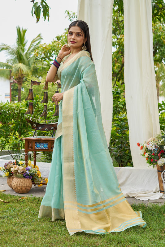 Sky Blue Color Linen Cotton Saree With Zari Weaving Border