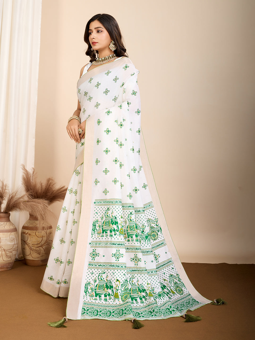 White Soft Cotton Saree With Printed Work