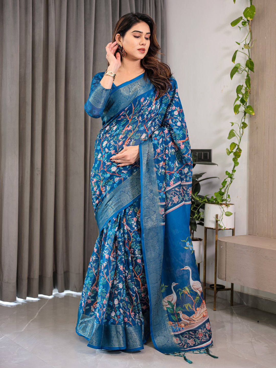Blue Kalamkari Digital Printed Linen Cotton Saree
