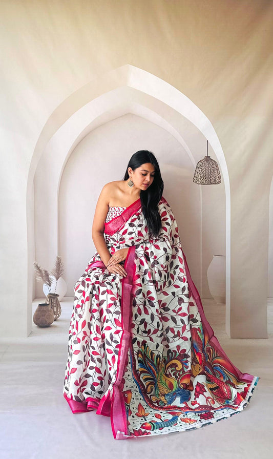 Multi Digital Printed Flowy Linen Cotton Saree With Kalamkari Printed Pallu