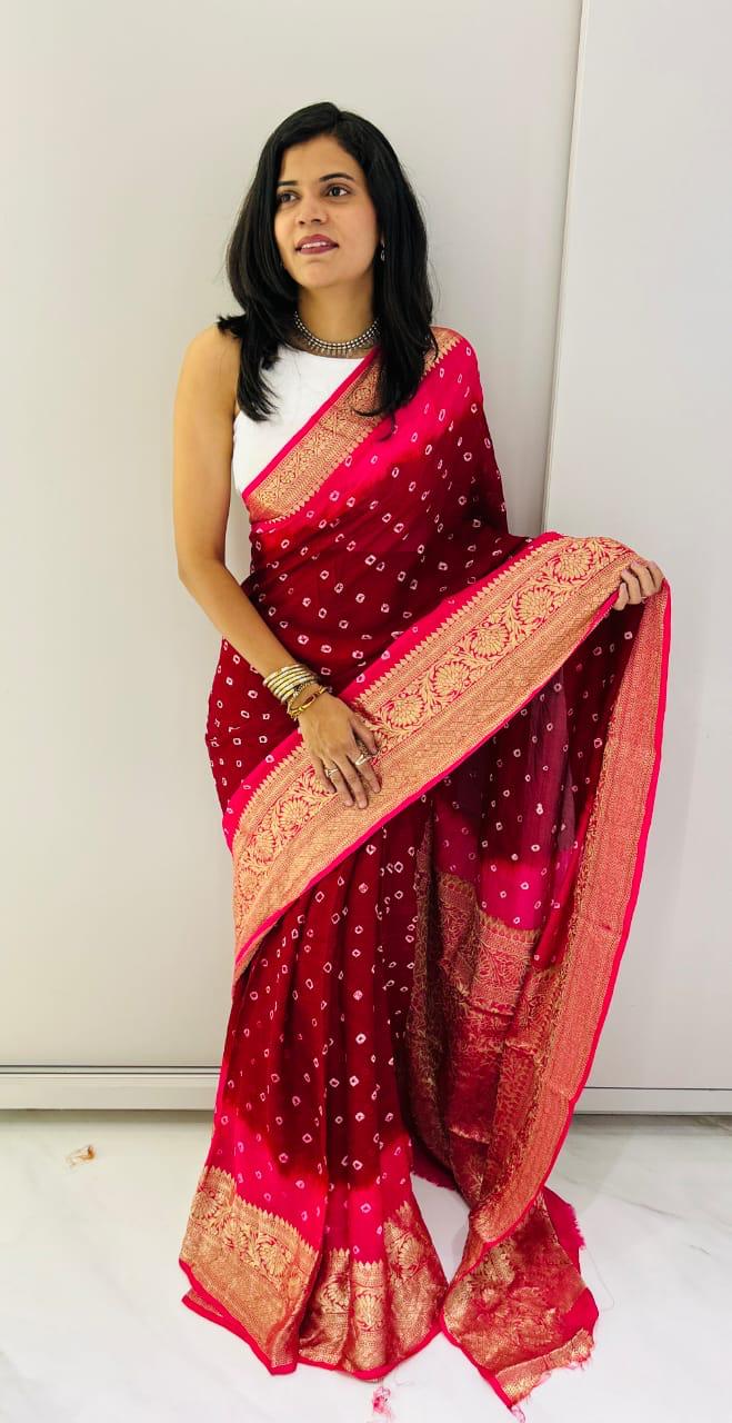 Hand Bandhej Bandhani Saree With Zari Border