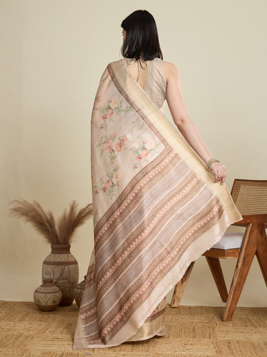 Cream Soft Cotton Saree With Digital Printed Pallu & Zari Border