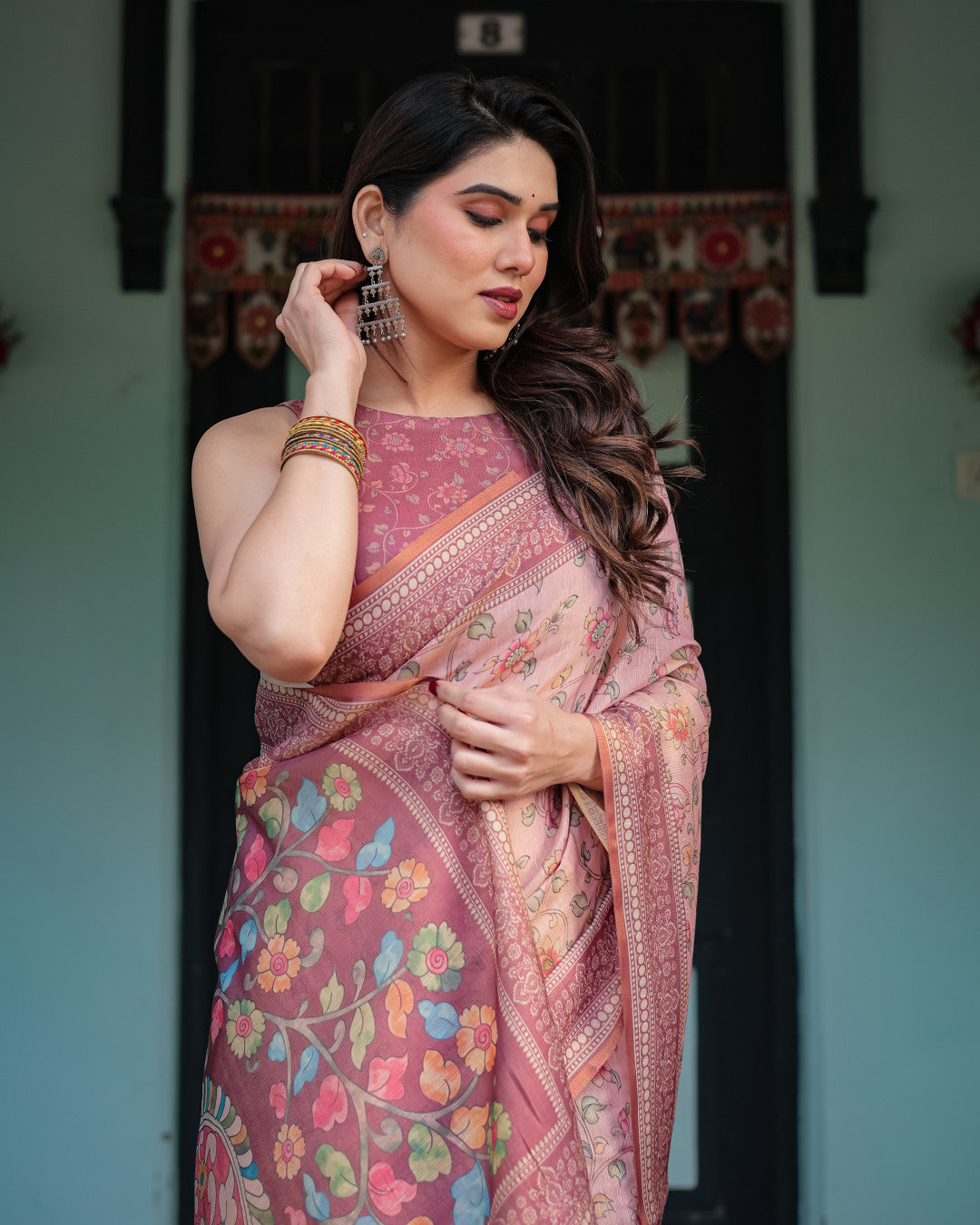 Kalamkari Digital Printed Linen Cotton Saree