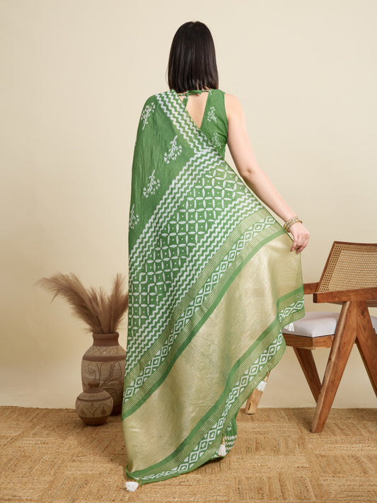 Pista Green Batik Printed Soft Cotton Saree With Sequence Work