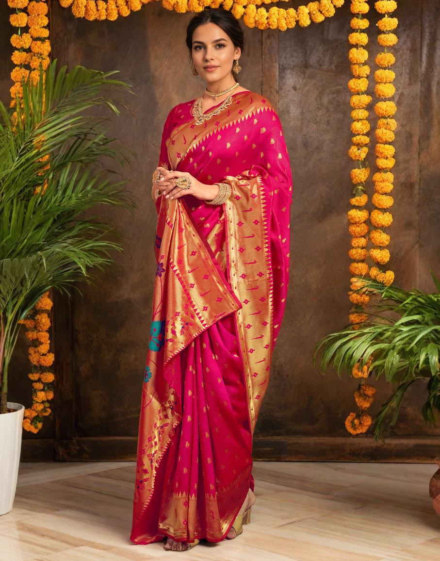 Traditional Paithani Silk Saree With Zari Weaving Work