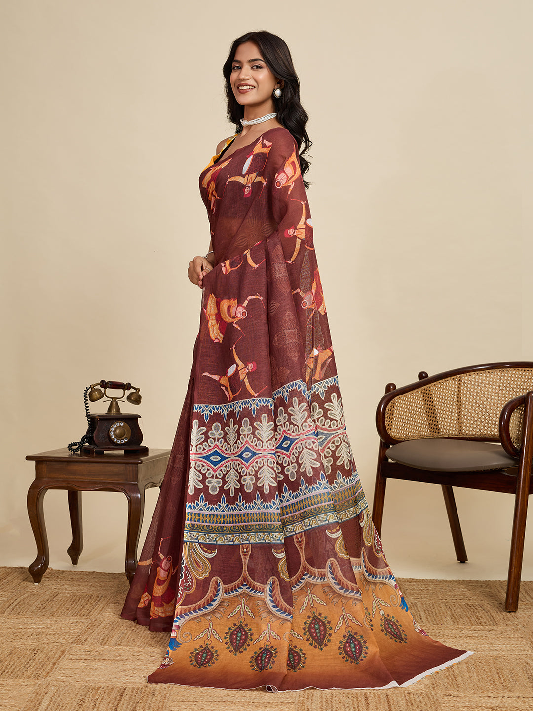 Maroon Linen Cotton Saree With Digital Printed Work And Silver Zari Border