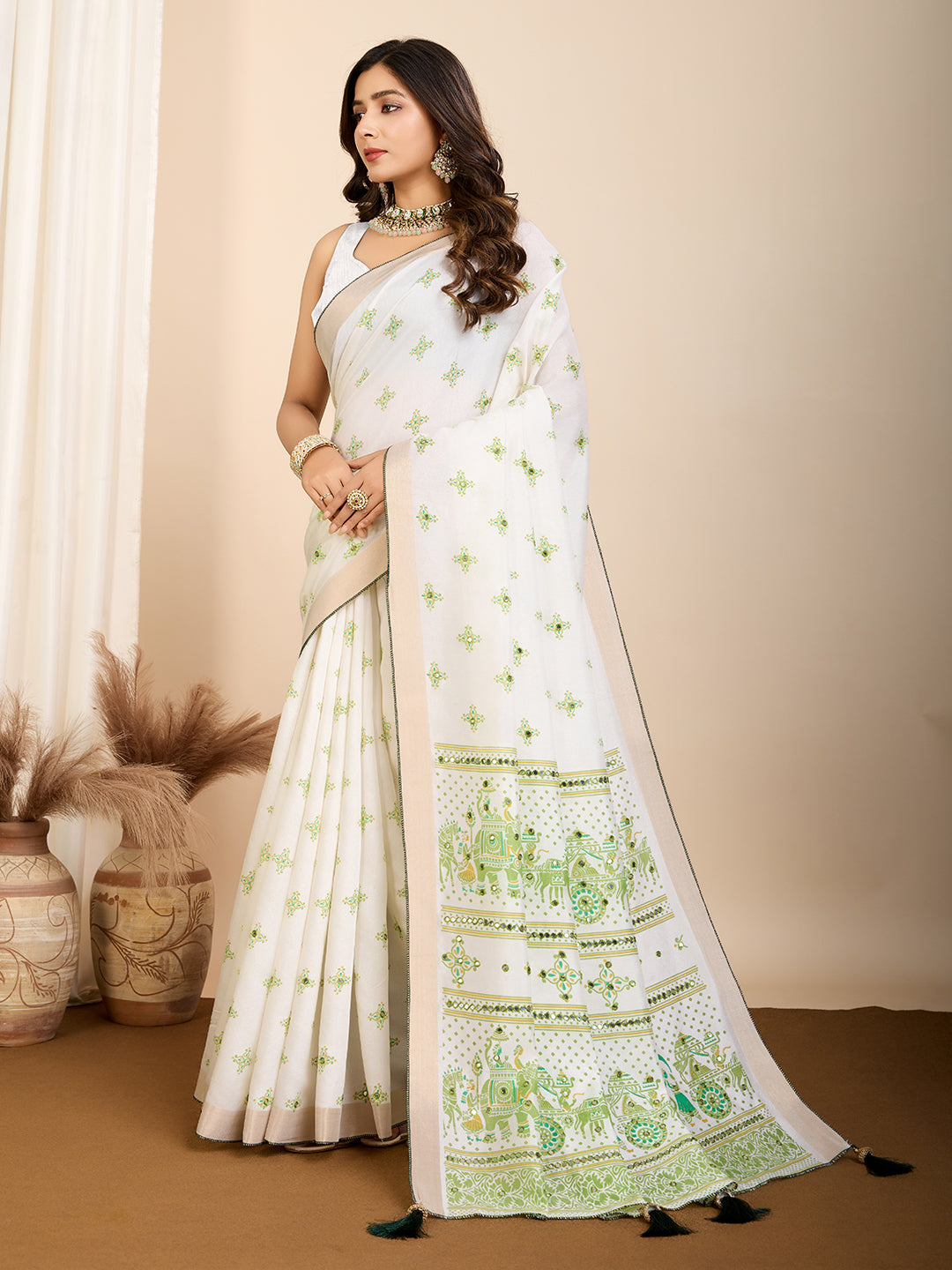 White Soft Cotton Saree With Printed Work