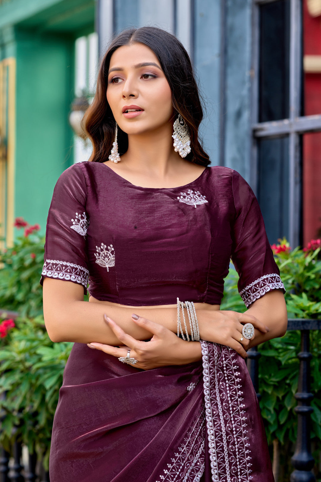 Wine Fancy Shimmer Chiffon Saree With Embroidery Work