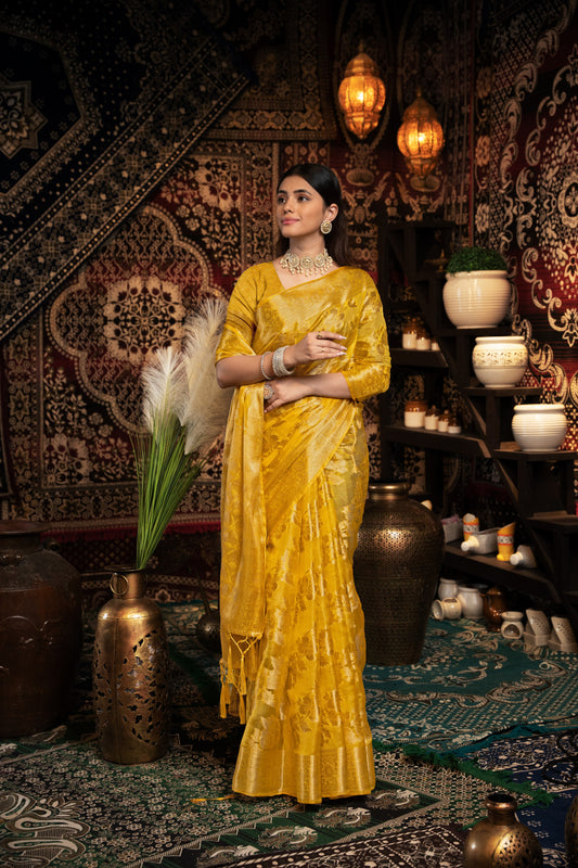 Yellow Jimmy Choo Saree With Weaving Work