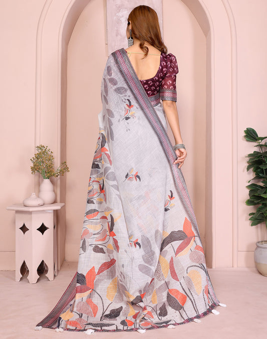 Gray Linen Cotton Saree With Digital Printed Work And Silver Zari Border