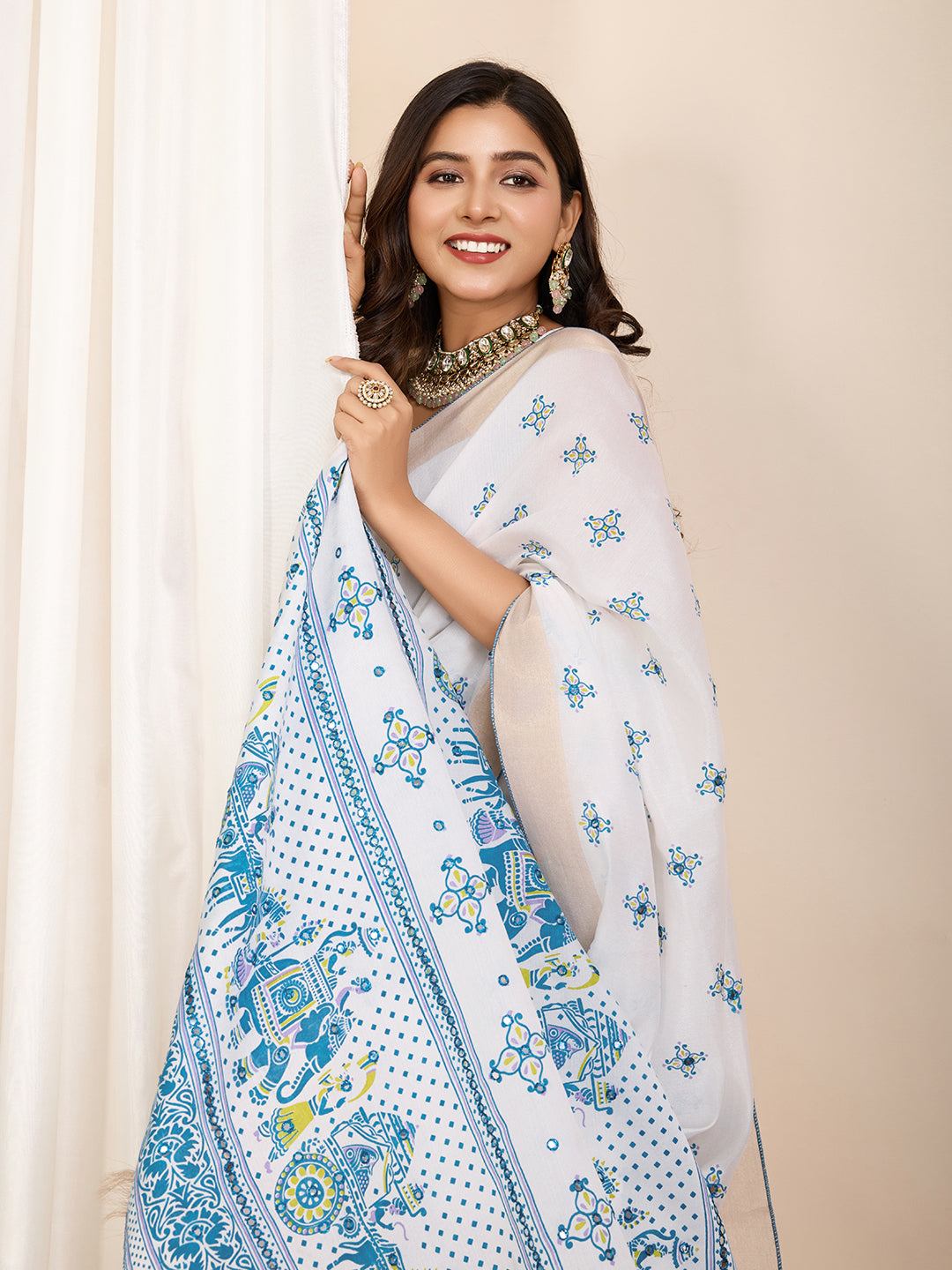 White Soft Cotton Saree With Printed Work