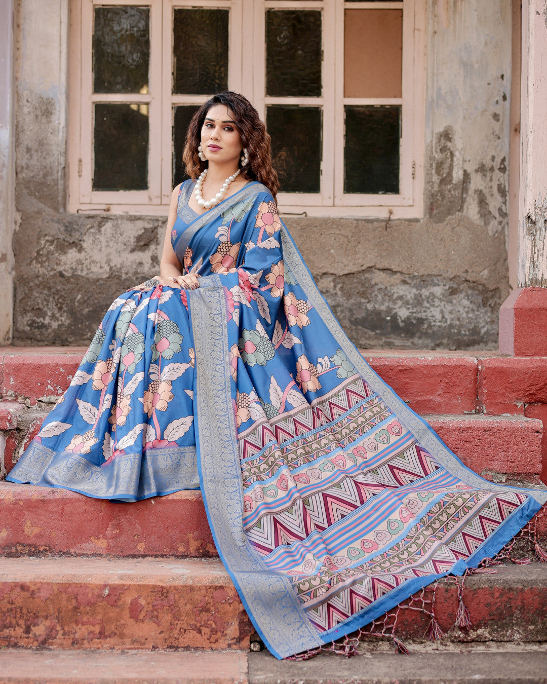 Blue Digital Kalamkari Printed Tussar Silk Saree With Zari Motif Border