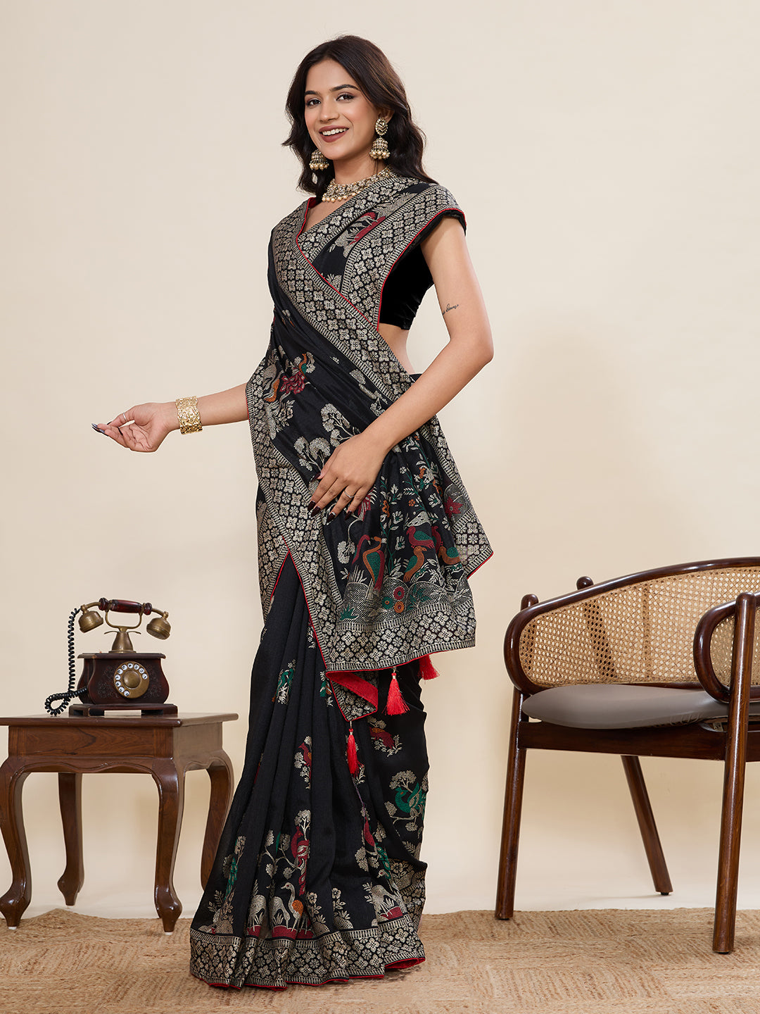 Black Cotton Saree With Table Printed And Foil Work With Pipeing Border