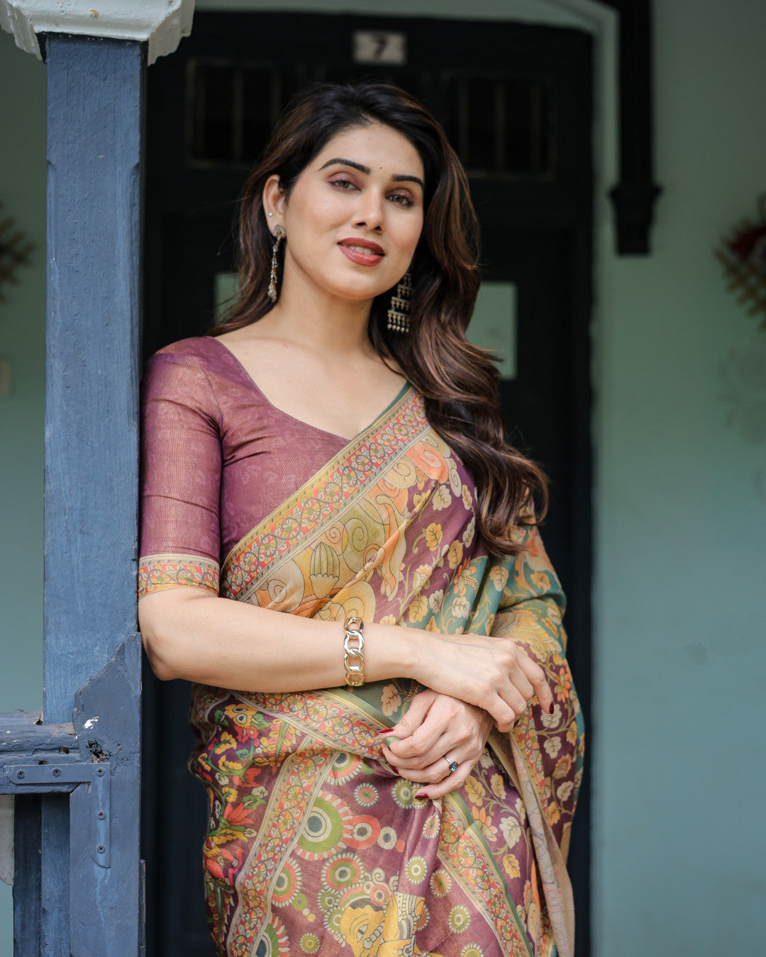 Multi Kalamkari Digital Printed Linen Cotton Saree