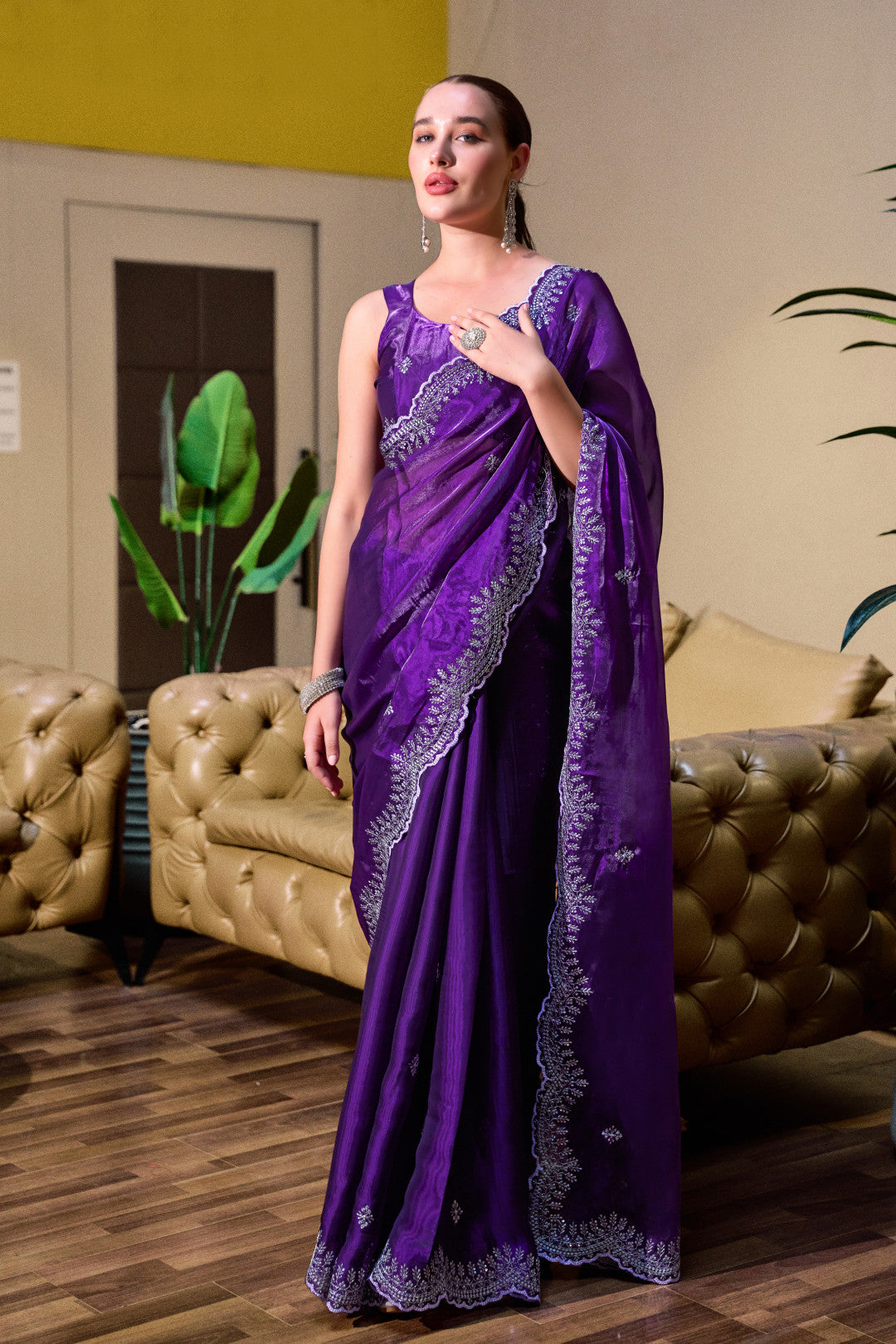 Purple Fancy Shimmer Chiffon Saree With Embroidery Work