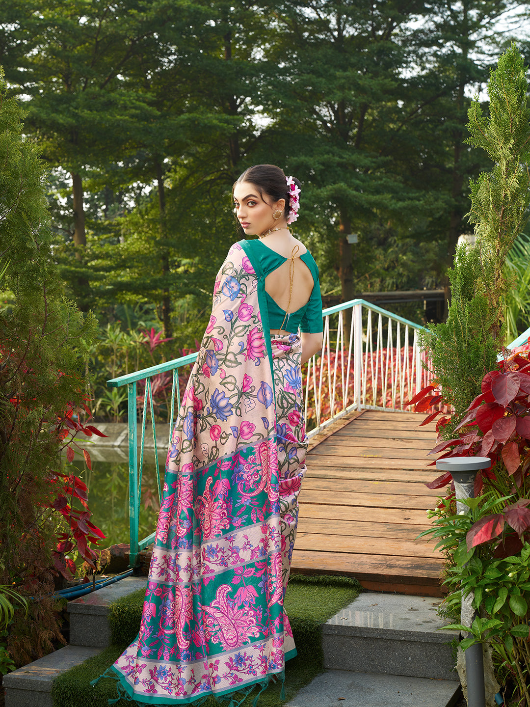 Green Kalamkari Printed Designer Tussar Silk Saree