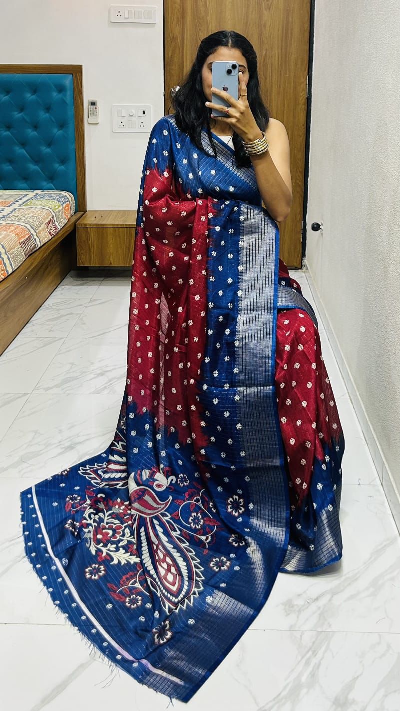 Bandhej Printed Dola Silk Saree With Kalamkari Printed Pallu