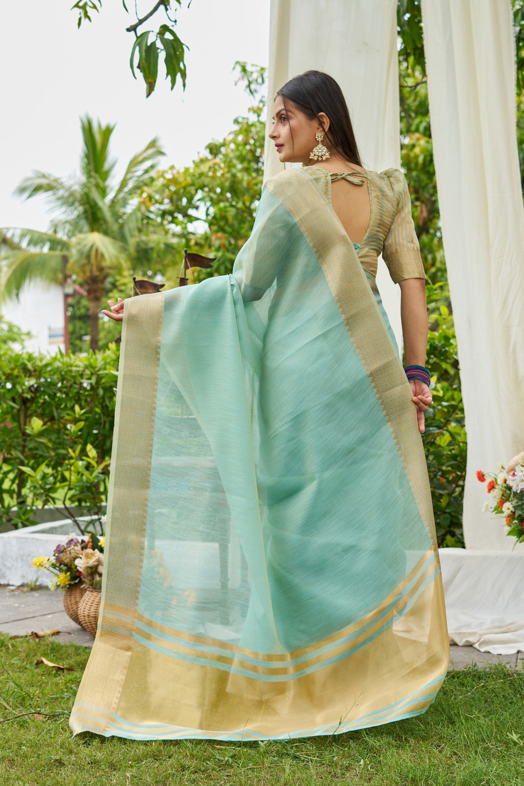 Sky Blue Color Linen Cotton Saree With Zari Weaving Border