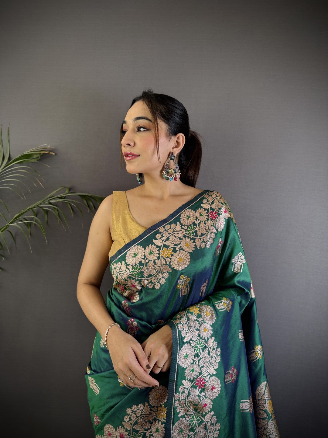 Rama Green Premium Banarasi Silk Saree With Meenakari Zari Weaving Work