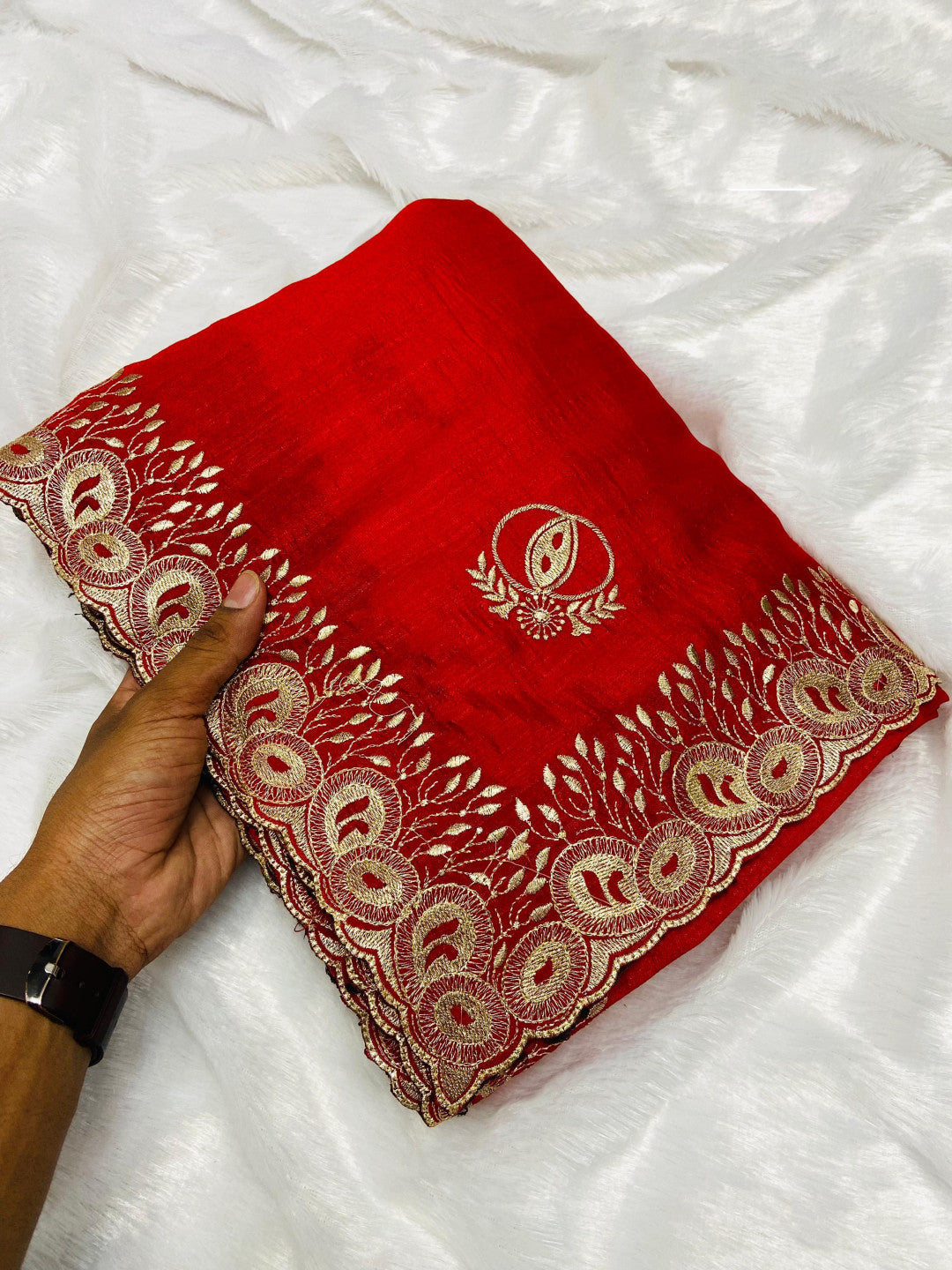 Red Color Vichitra Silk Saree With Beautiful Cutwork & Embroidery Border