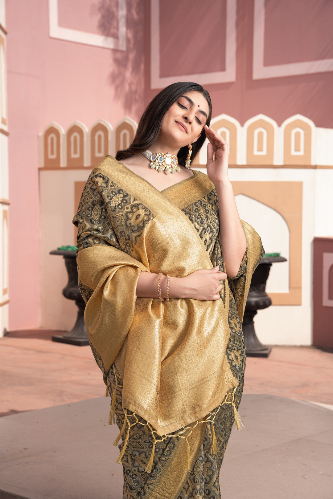 Brown Cotton Ikkat Silk Saree With Zari Woven Work
