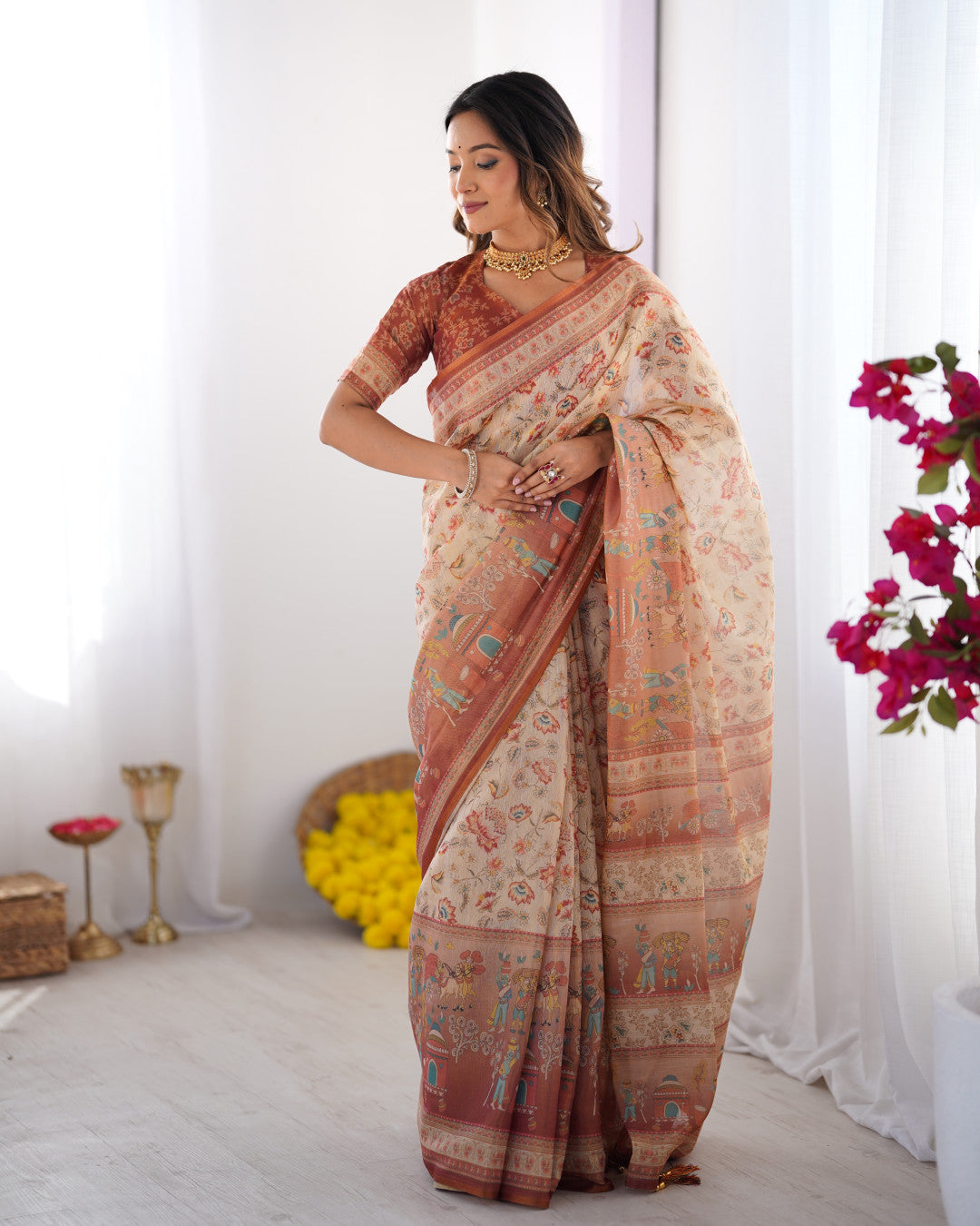 Multi Color Kalamkari Digital Printed Linen Cotton Saree