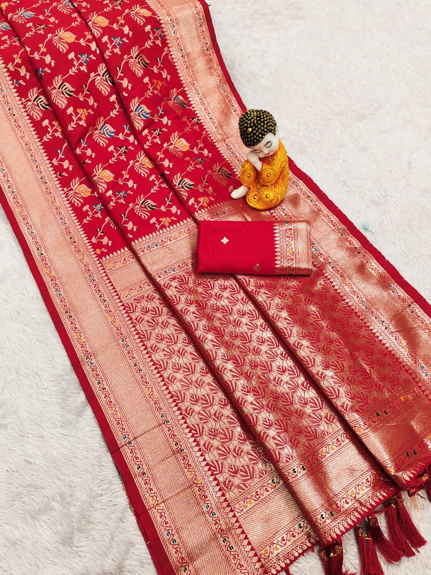 Red Premium Banarasi Silk Saree With Meenakari Zari Weaving Work