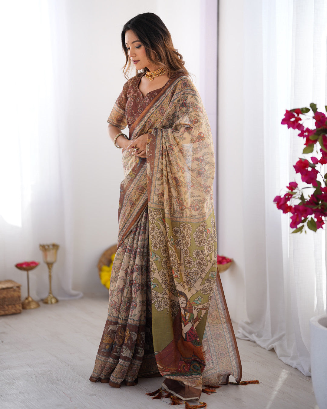 Multi Color Kalamkari Digital Printed Linen Cotton Saree