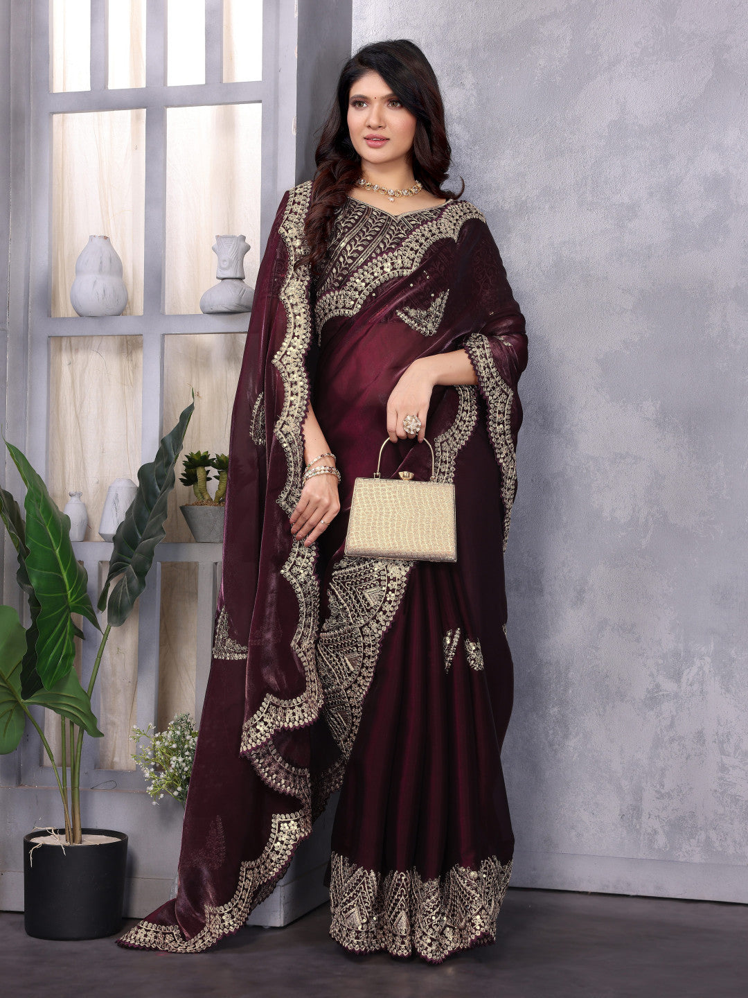 Wine Fancy Shimmer Chiffon Saree With Embroidery Work
