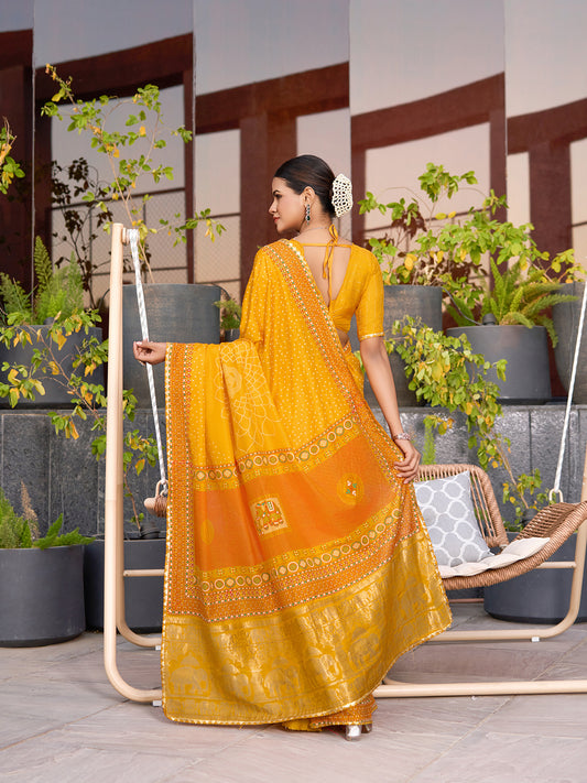 Yellow Stylist Soft Cotton Saree With Unique Table Printed & Lace Border